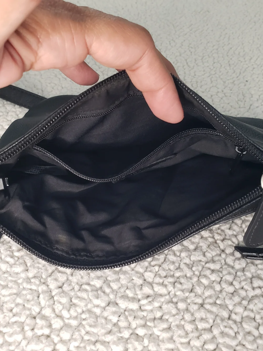 NINE WEST Black Leather Crossbody Bag with Three Front Zippers | Medium